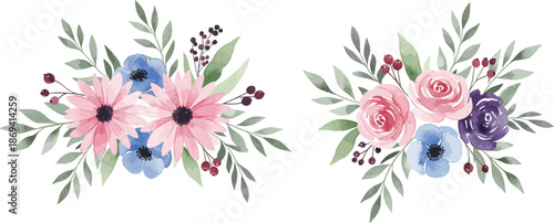 Watercolor floral arrangements with pink blue and purple flowers