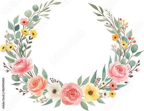 Colorful floral wreath with pink roses and yellow flowers arrangement
