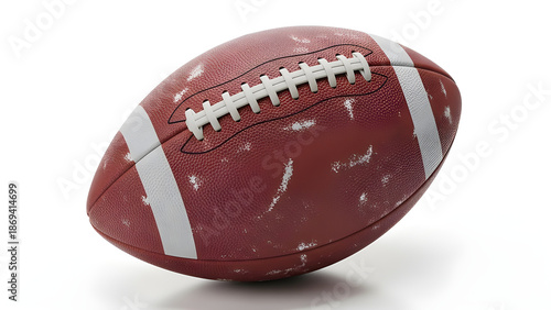 A close-up shot of an American football, featuring a detailed view of its texture and design