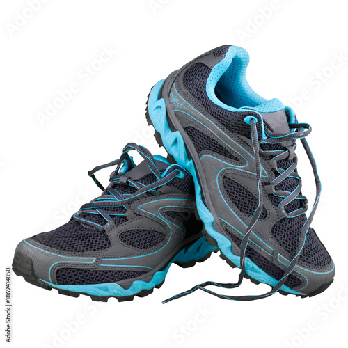 Pair of Grey and Blue Athletic Running Shoes on Black Background
