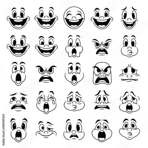 Collection of Funny Cartoon Face Emotions Line Drawing