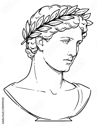 Hand drawn line art illustration of a classical bust depicting a male figure with a solemn expression and a laurel wreath for historical and cultural themes