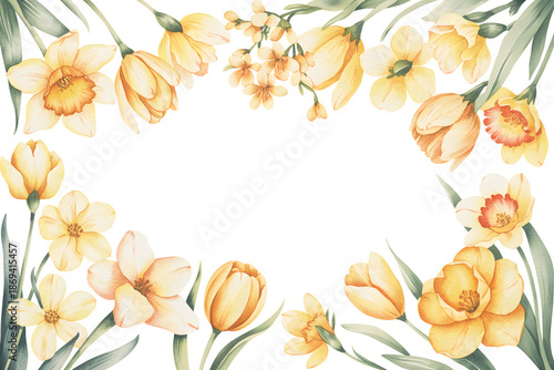Watercolor spring flowers forming botanical frame