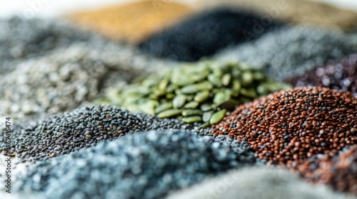 Assorted seeds and grains in close-up macro texture for organic health food product branding and natural ingredient photography background