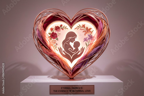 Heart-shaped sculpture with mother and child design illuminated  