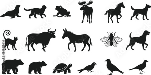 Black animal silhouettes collection featuring domestic pets, wild forest mammals, farm livestock, birds, insects, and reptiles isolated on white background for nature design projects,