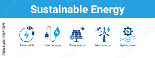 Sustainable Energy web banner icon vector illustration concept ,  with icon of Renewable, Green energy, Solar energy, Wind.