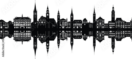 Historic European city skyline silhouette vector illustration with old town buildings, church spires, and water reflection on a clean white background,