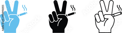 Hand holding cigarette with peace sign gesture icons in blue solid black and outline styles for health concepts.