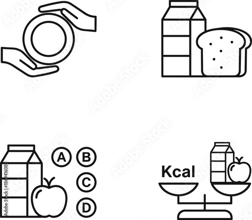 Healthy nutrition and balanced diet icon set featuring food packaging apple bread and calories scale in outline style.