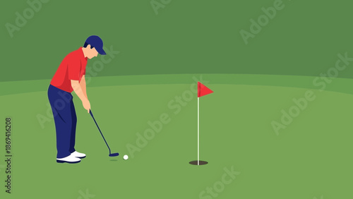 A golfer in red shirt putting on a green golf course viewed from the side