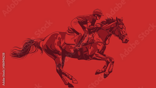 A jockey riding a horse in full gallop against a red background