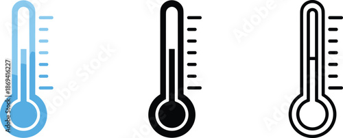 Medical thermometer icons set for measuring body temperature and fever in blue solid black and thin outline styles.