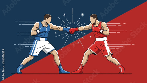 Two boxers engaging in a competitive match in a divided red and blue arena