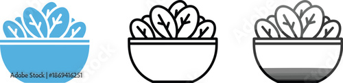 Healthy green salad bowl icons featuring fresh spinach or lettuce leaves in blue silhouette and outline vector styles.