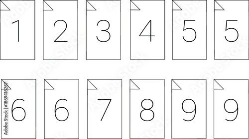 Minimalist thin line document icons with numbers from one to nine for organizing files and systematic data management.