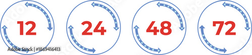 Set of countdown timer icons showing twelve twenty-four forty-eight and seventy-two hours with circular arrows and numbers.