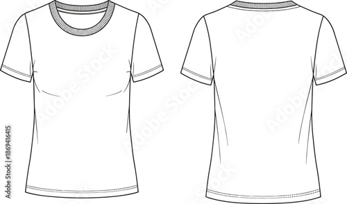Blank Women's Crew Neck Short Sleeve T-Shirt Technical Flat Sketch Template, CAD Drawing Vector Illustration for Fashion Design and Tech Packs