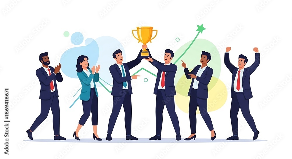 Obraz premium Business team celebrates with trophy