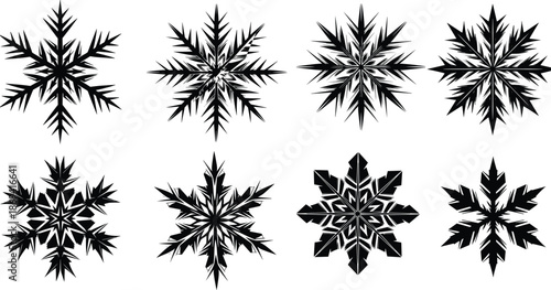 Collection of black silhouette snowflake vector icons, crystalline winter frozen ice symbols, set of geometric cold season weather decorative elements for holiday design.