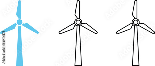 Wind turbine icons for renewable energy featuring environmental sustainability and clean power generation in blue and outline styles.