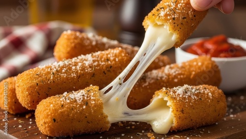 Irresistible golden-brown fried cheese sticks revealing a luscious, stretchy interior, perfectly