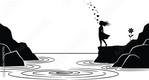 Lonely girl silhouette vector illustration standing on cliff by water with floating hearts, emotional fantasy nature scene design isolated on white background
