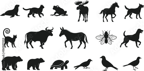 Large collection of black animal silhouettes featuring wild mammals, domestic pets, farm livestock, birds, insects, and forest creatures isolated on white background vector illustration,