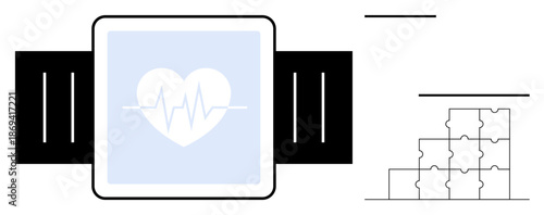 Heart health tracker. Heart health visual showing a wearable device and heart pulse symbol. Heart health monitoring supports medical, fitness, wellness, tech innovation, and healthcare fields