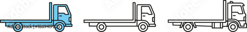 Flatbed truck icons for logistics and transportation featuring blue solid and black outline styles for cargo delivery service.