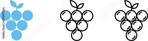 Grape fruit icon set featuring bunch of grapes with leaves in blue silhouette and black outline vector styles.
