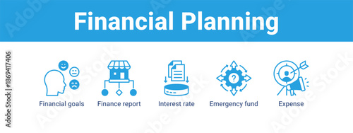 Financial Planning web banner icon vector illustration concept ,  with icon of Financial goals, Finance report, Interest rate, Emergency.