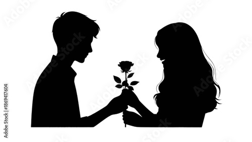 A romantic silhouette of a man presenting a beautiful rose to a smiling woman