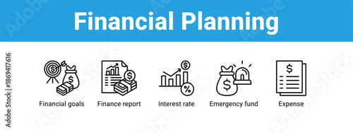 Financial Planning web banner icon vector illustration concept ,  with icon of Financial goals, Finance report, Interest rate, Emergency.