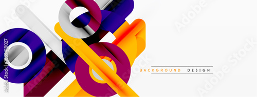 Abstract geometric shapes overlap, creating vibrant color contrasts. Modern design elements suggest dynamic movement, clean lines.