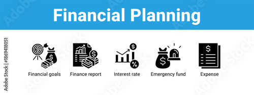 Financial Planning web banner icon vector illustration concept ,  with icon of Financial goals, Finance report, Interest rate, Emergency.