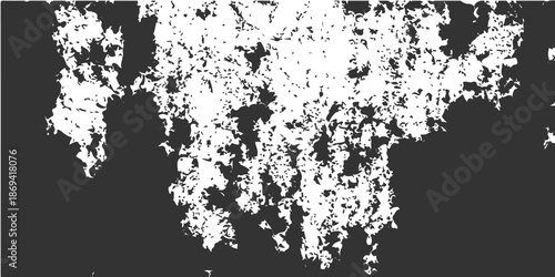 Vector illustration of a black and white grunge pattern featuring a lion silhouette and fur tree design with ink splat textures, floral border frames, and artistic paint spray splashes