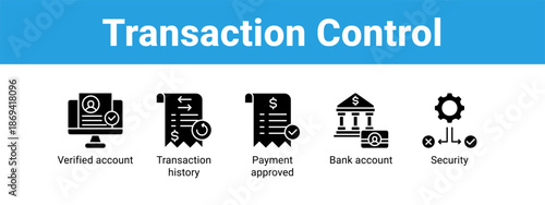 Transaction Control web banner icon vector illustration concept ,  with icon of Verified account, Transaction history, Payment approved, Bank.