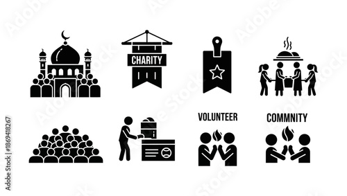 Diverse illustrative symbols representing community support, charitable endeavors, and the spirit of volunteerism for global well-being and humanitarian causes