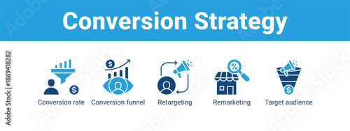 Conversion Strategy web banner icon vector illustration concept ,  with icon of Conversion rate, Conversion funnel, Retargeting, Remarketing.