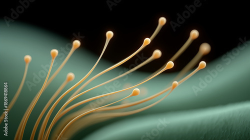 Microscopic spores or stamens with orange tips on thin stems against blurred teal background, biology and botany concept illustration