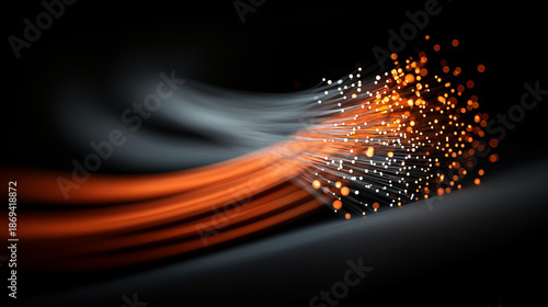 Fiber optic cables with glowing orange and white light particles on black background, high-speed data transmission and connectivity concept