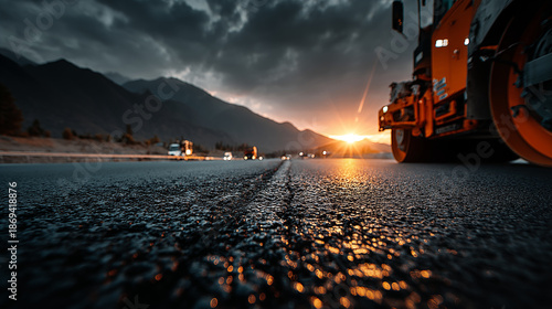 Road construction equipment with orange roller on asphalt highway at dramatic sunset with mountains, infrastructure development concept