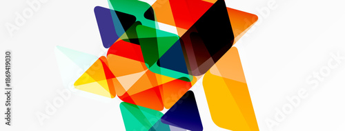 Abstract colorful shapes overlap, creating dynamic composition. Bright hues blend, forming modern visual experience.