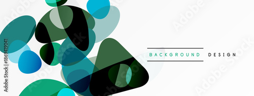 Abstract shapes overlap, creating layered effect. Colors include blues, greens, blacks. Minimalist design suitable for backgrounds.