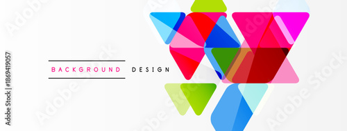 Abstract colorful triangles overlap white space. Modern design element, vibrant hues create dynamic visual impact. Simple, clean aesthetic.