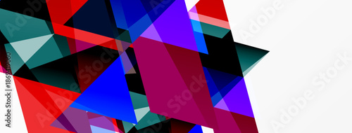 Abstract geometric shapes overlap, creating vibrant color contrasts. Composition features blues, reds, purples, greens, white space.