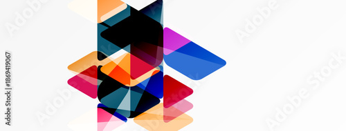 Abstract geometric shapes overlap, creating colorful translucent layers. Composition features vibrant hues, modern design, simple forms.