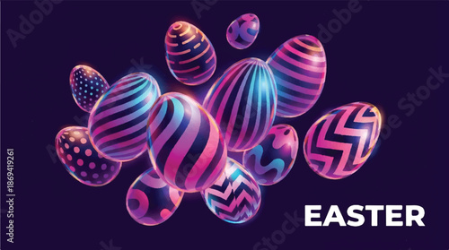 A vibrant and dynamic arrangement of Easter eggs in various patterns and colors 