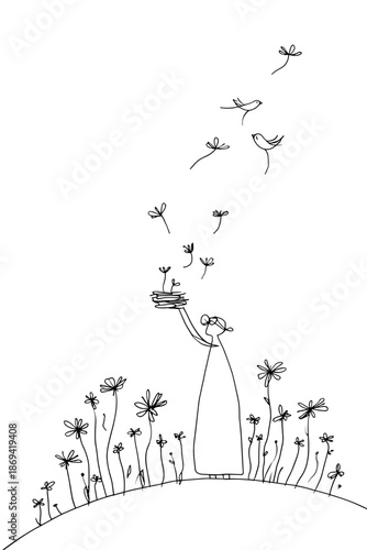 Minimalist line art of flowers with whimsical birds